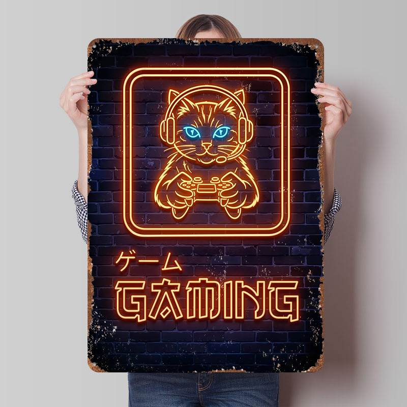 Retro Gaming At - Affiche imprimée chat gamer néon, art